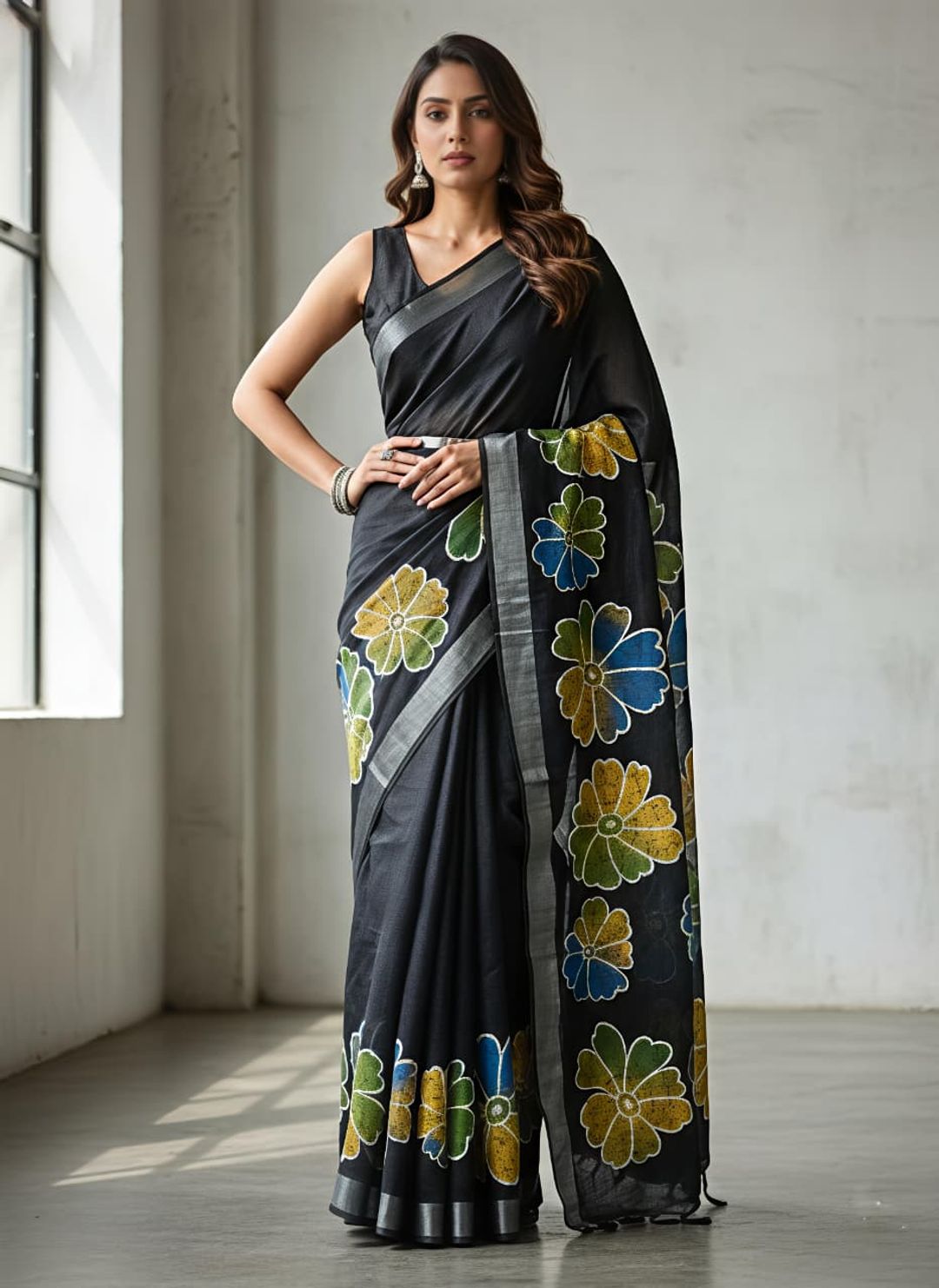 Premium Floral Print Heavy Linen Saree with Silver Border and Matching Blouse