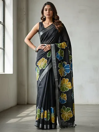 Premium Floral Print Heavy Linen Saree with Silver Border and Matching Blouse