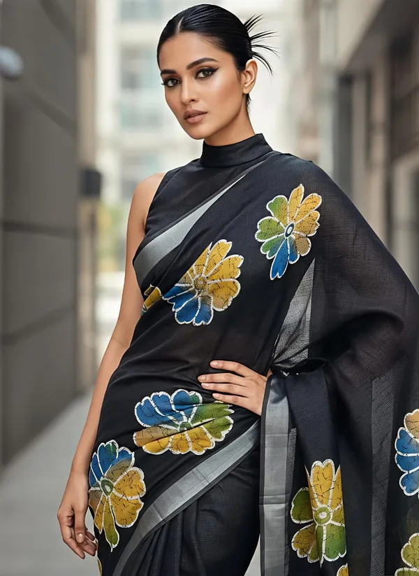 Premium Floral Print Heavy Linen Saree with Silver Border and Matching Blouse