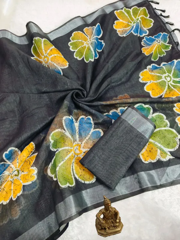 Premium Floral Print Heavy Linen Saree with Silver Border and Matching Blouse