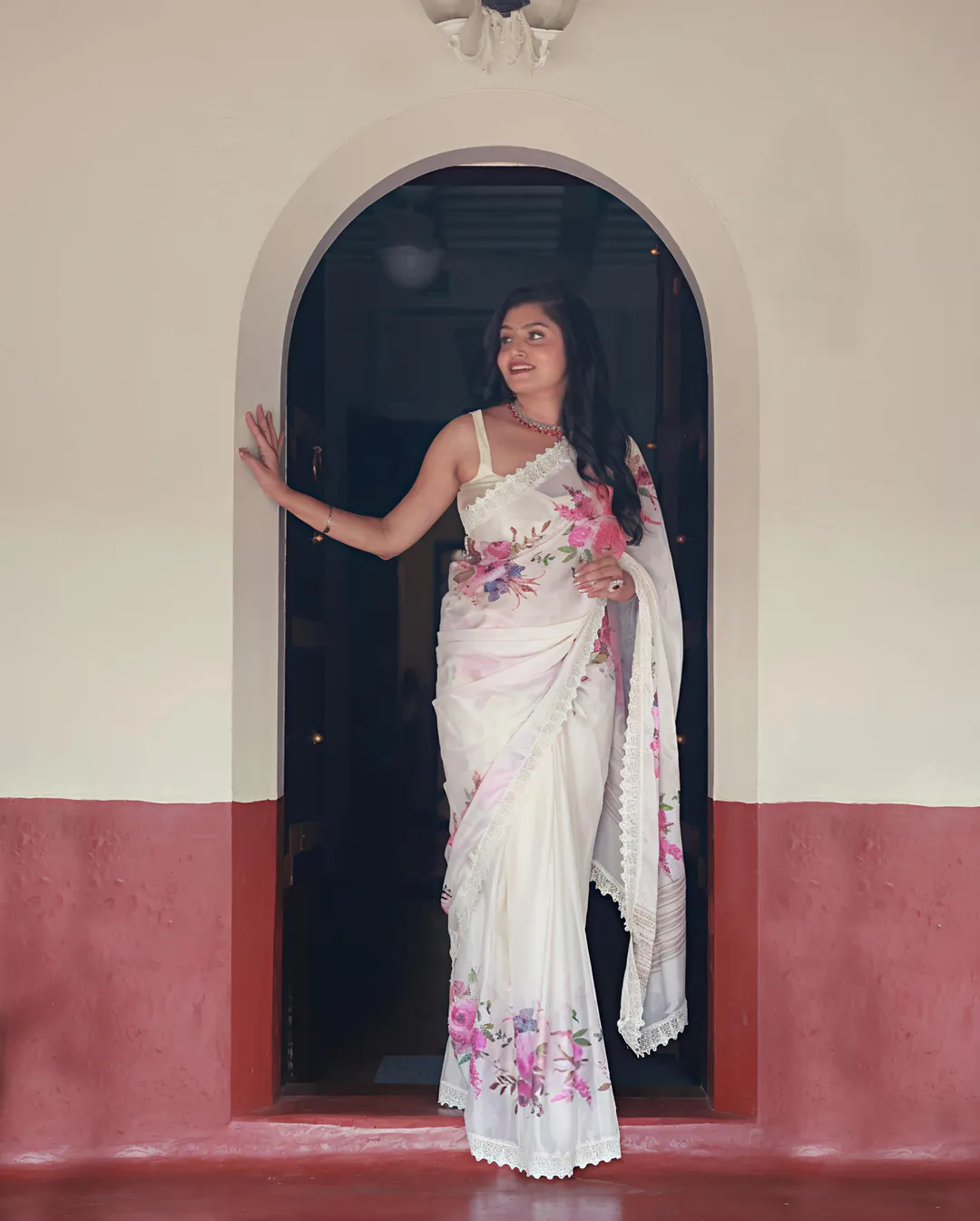 Sundari Floral Print Marshmallow Saree with Lace Border