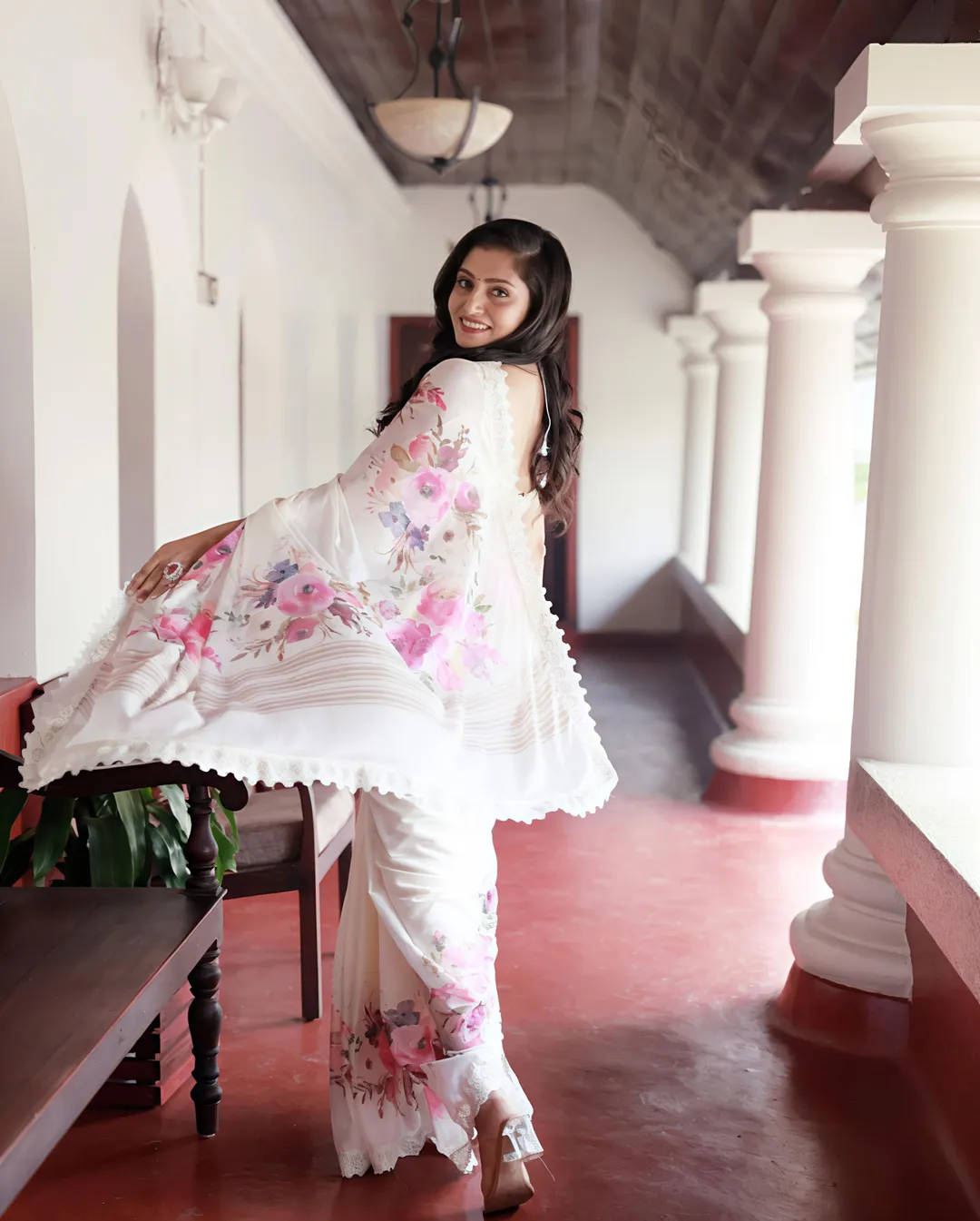 Sundari Floral Print Marshmallow Saree with Lace Border