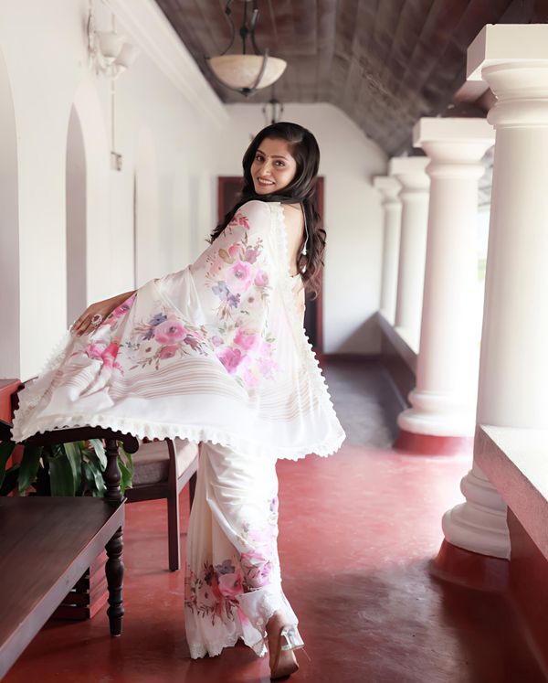 Sundari Floral Print Marshmallow Saree with Lace Border
