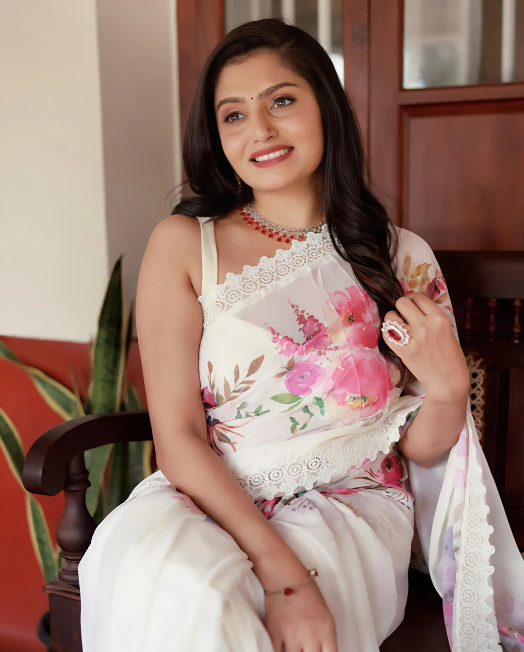 Sundari Floral Print Marshmallow Saree with Lace Border