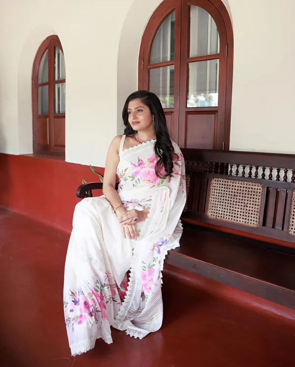 Sundari Floral Print Marshmallow Saree with Lace Border
