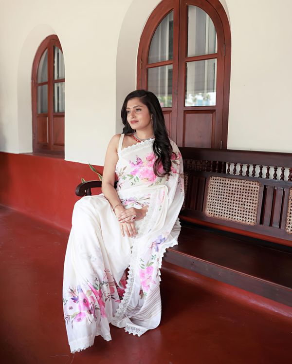 Sundari Floral Print Marshmallow Saree with Lace Border