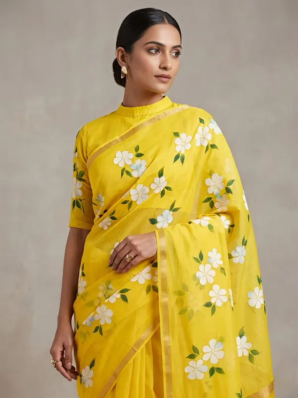 Designer Yellow Printed Saree with Blouse