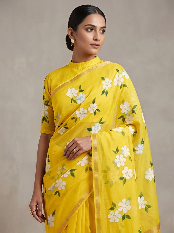 Designer Yellow Printed Saree with Blouse