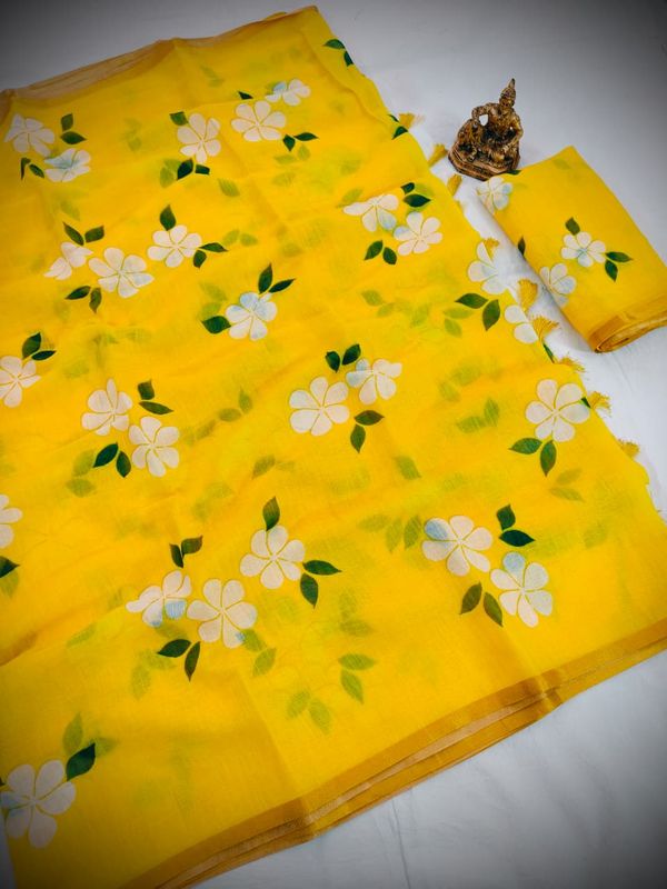 Designer Yellow Printed Saree with Blouse