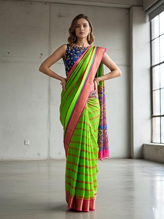 Green Kora Silk Saree with Pink Jacquard Border