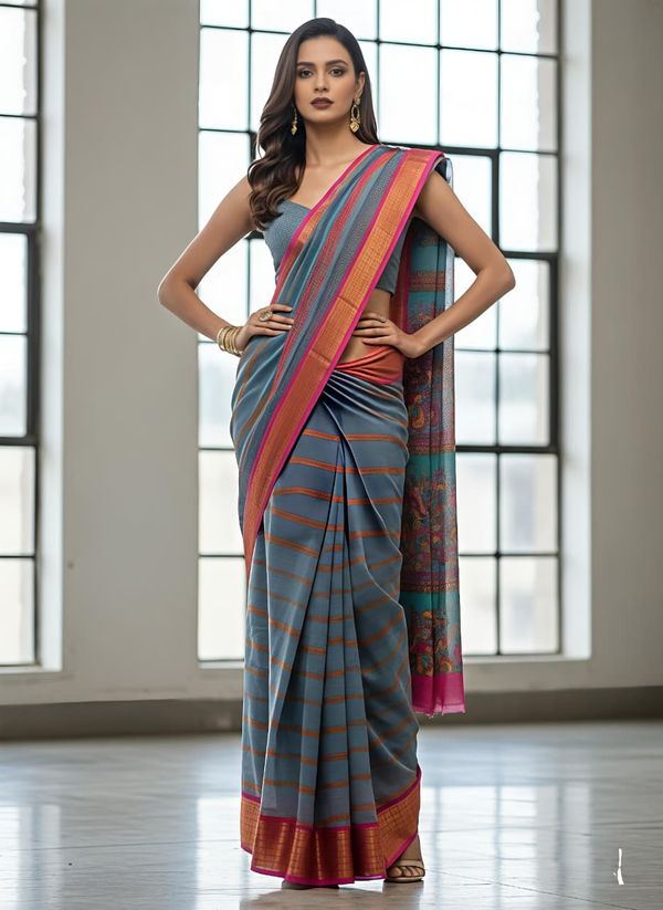 Premium Grey Silk Saree with Pink Zari & Shibori Print