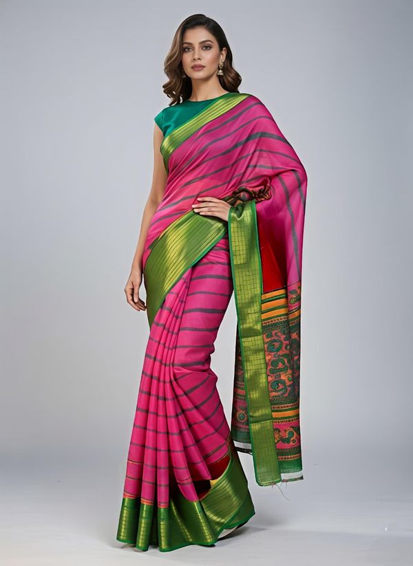 Stylish Pink Silk Saree with Rich Green Pallu Design