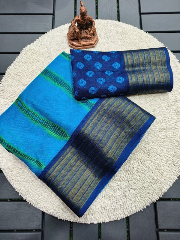 Blue Kora Silk Saree with Zari Border