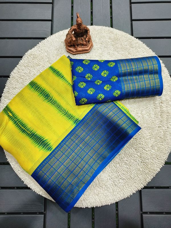 Traditional Yellow Saree with Blue Zari Border Design