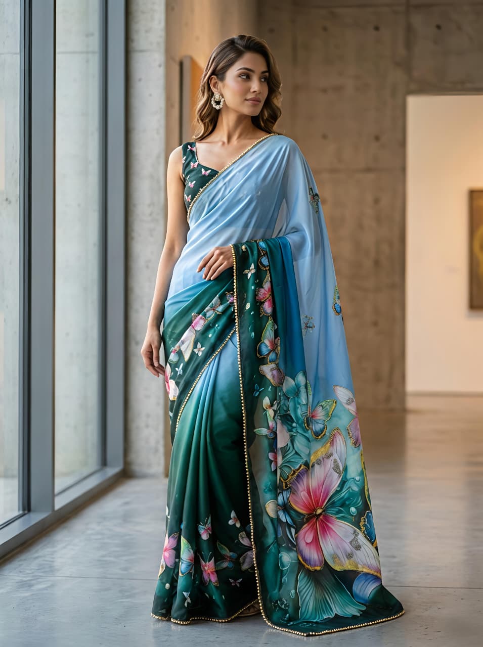Teal georgette saree