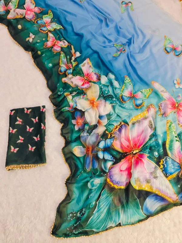 Designer Teal Butterfly Georgette Saree With Border