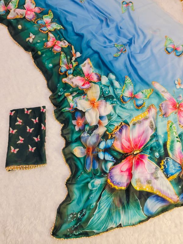 Designer Teal Butterfly Georgette Saree With Border