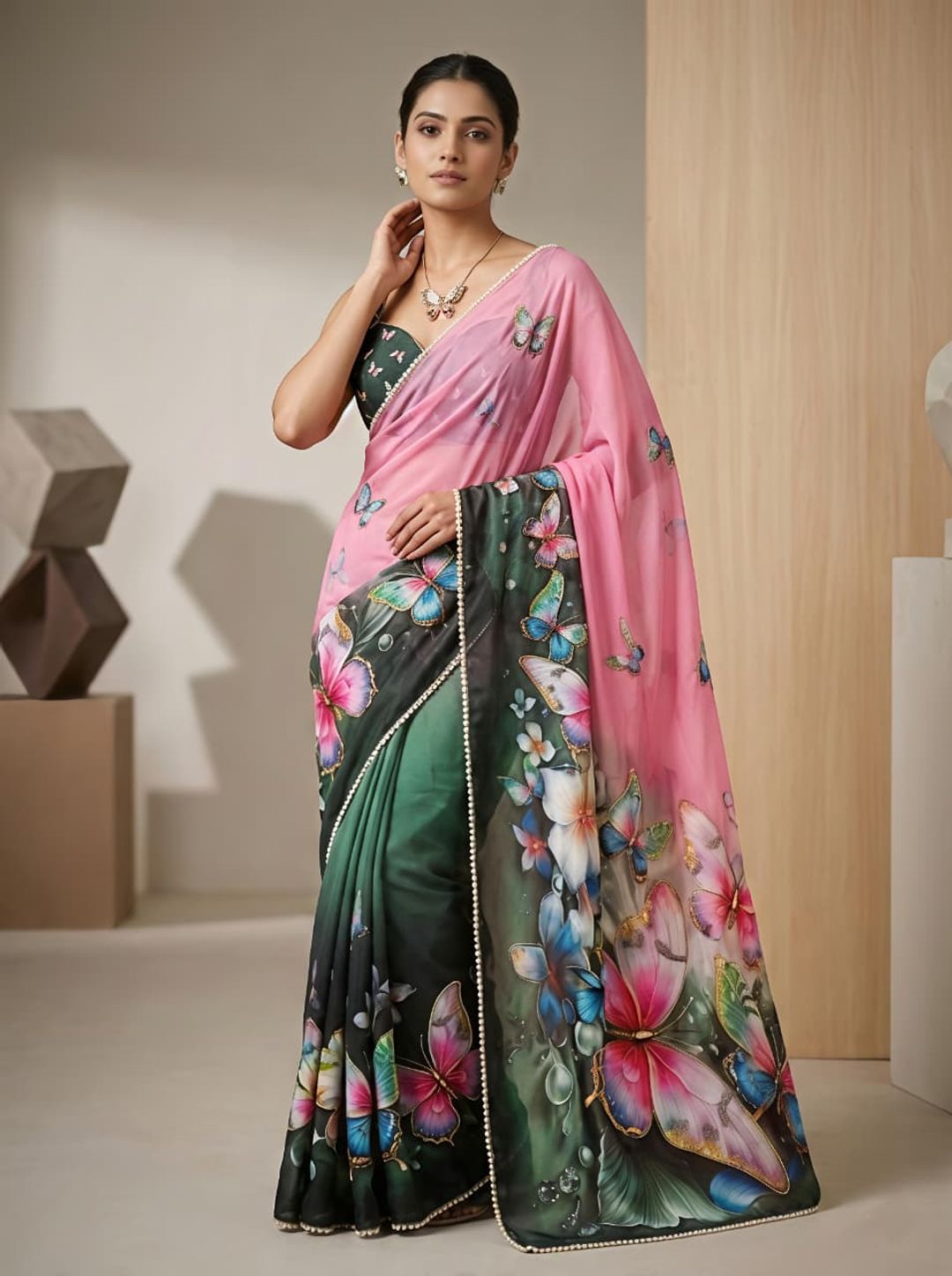 Pink Floral Butterfly Designer Saree With Work
