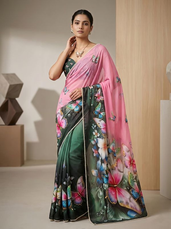 Pink Floral Butterfly Designer Saree With Work