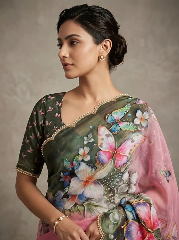 Pink Floral Butterfly Designer Saree With Work