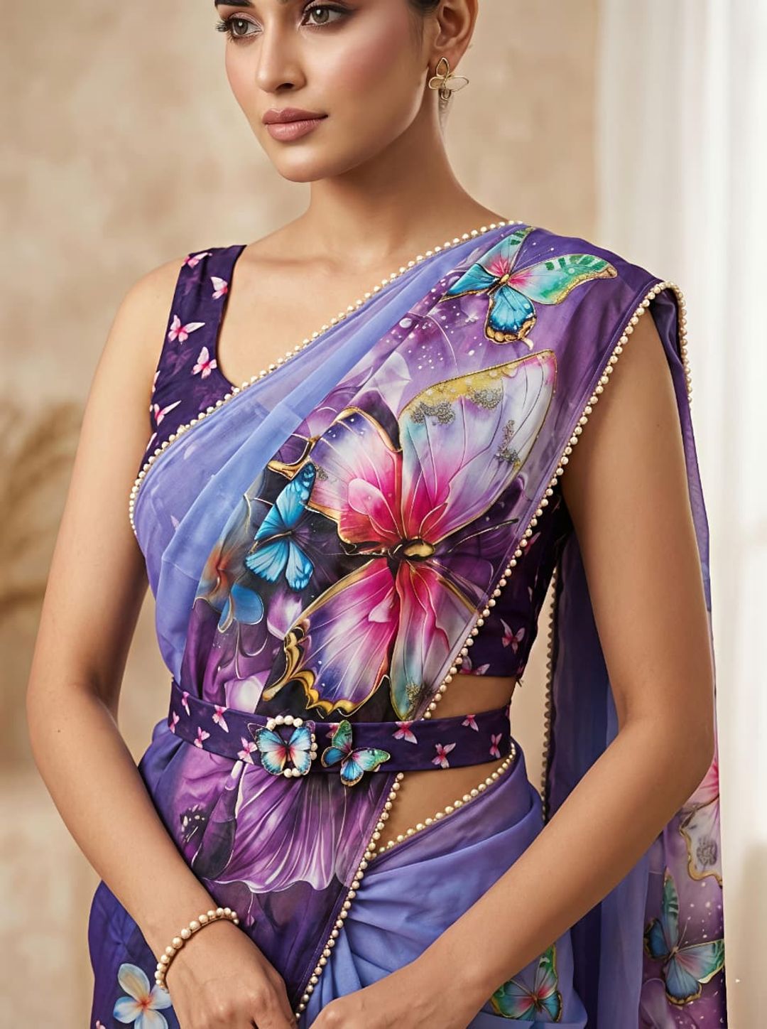 Lavender Floral Butterfly Designer Saree With Work