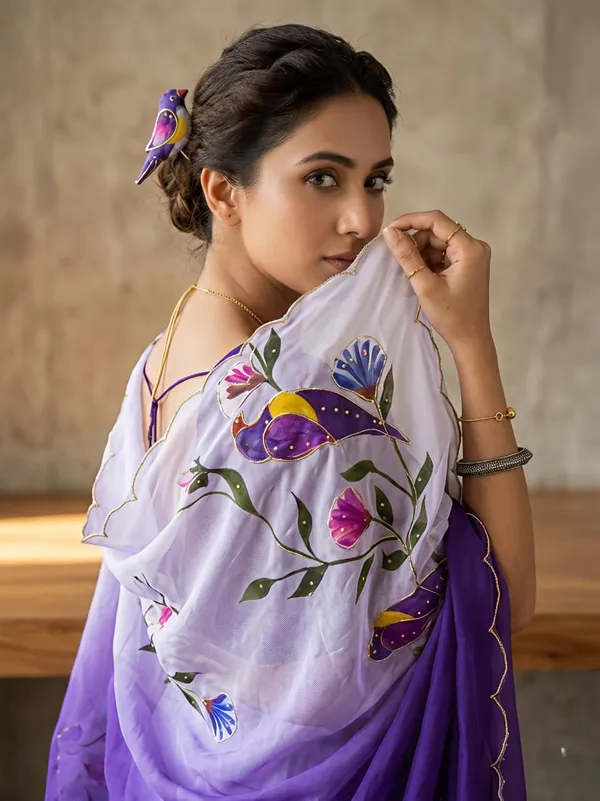 Purple Parrot Print Party Wear Silk Saree