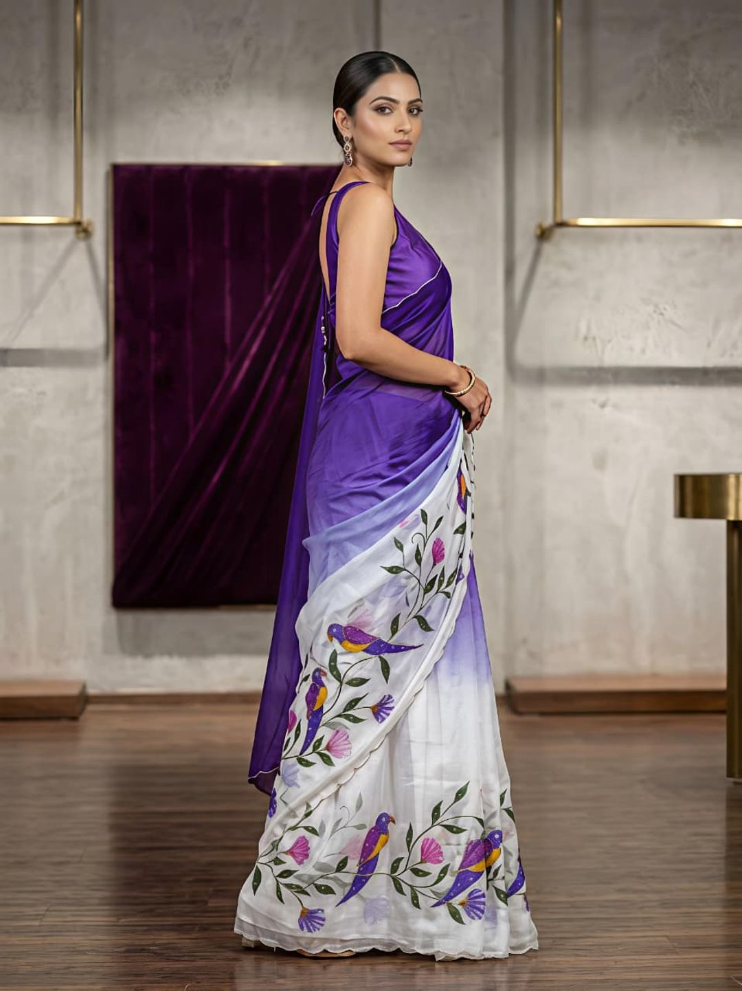 Purple Parrot Print Party Wear Silk Saree