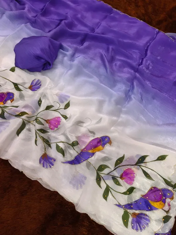 Purple Parrot Print Party Wear Silk Saree