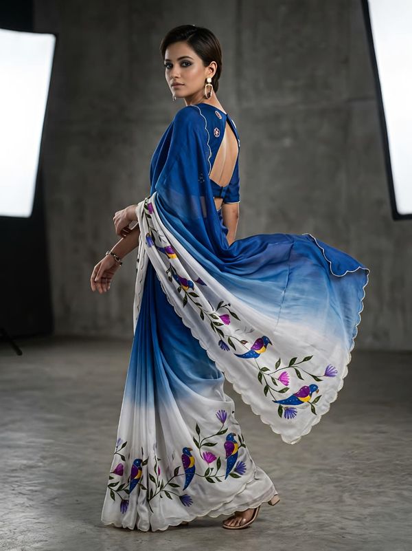 Designer Blue Parrot Kalamkari Fandy Silk Saree