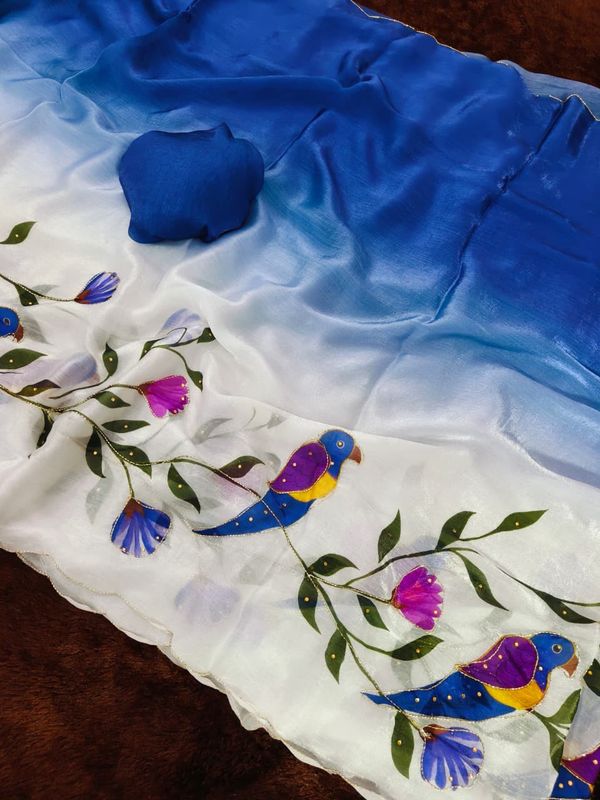 Designer Blue Parrot Kalamkari Fandy Silk Saree