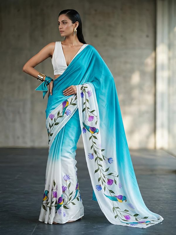 Premium Blue Fandy Silk Saree with Parrot Print, Cutdana Handwork and Stylish Cutwork Border