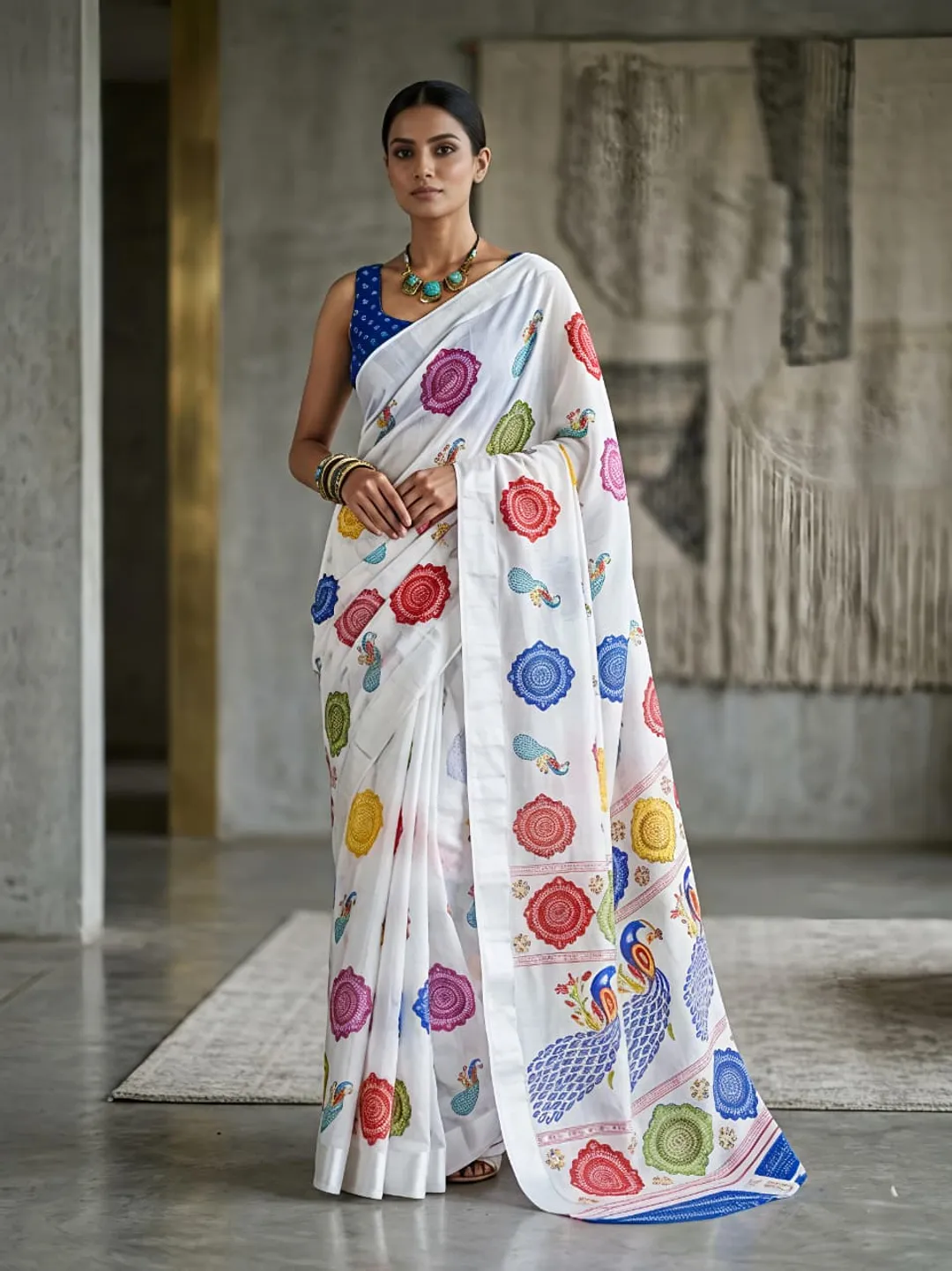 Rajwadi Mor White Saree Bandhej Print Georgette Style