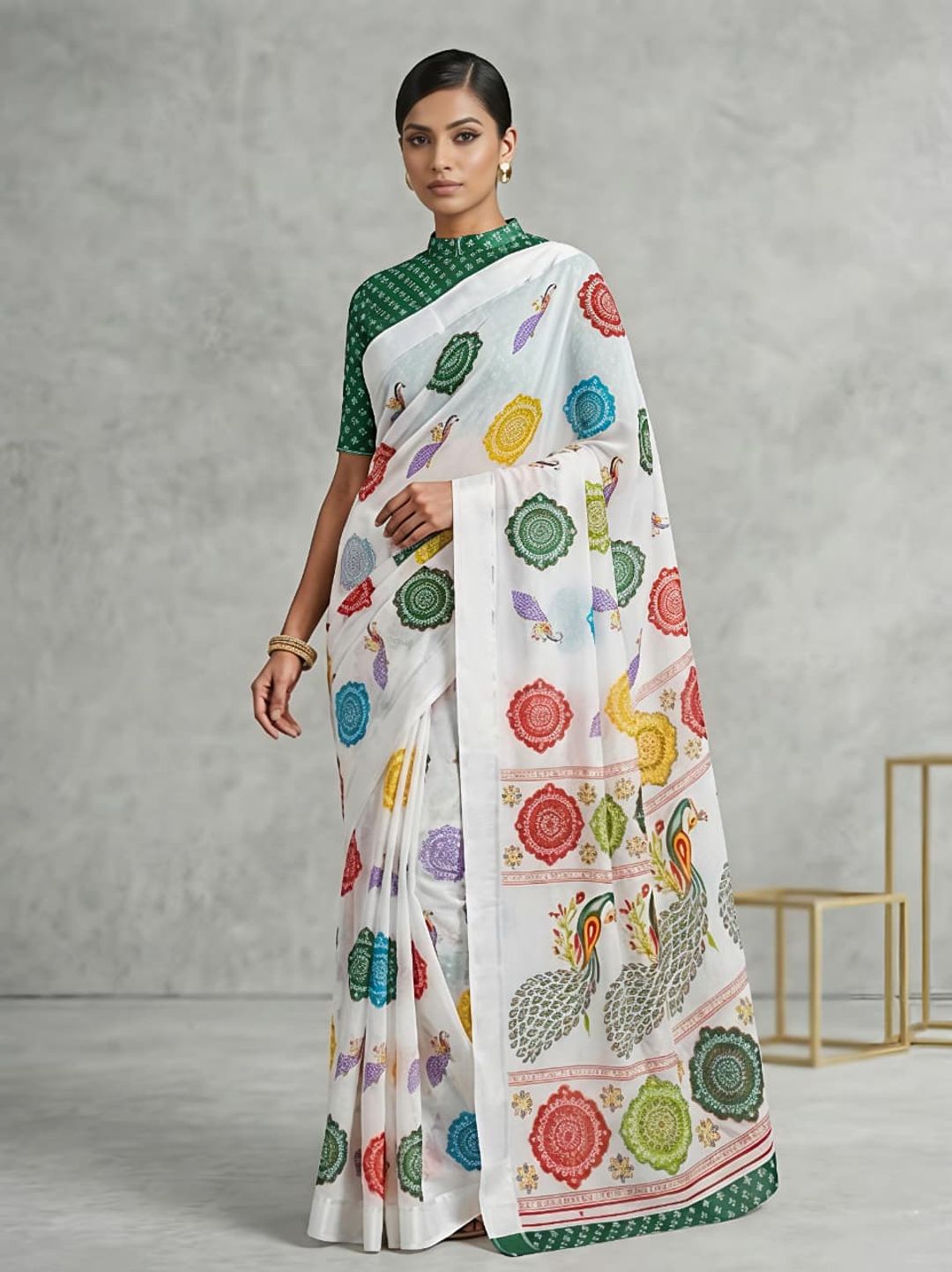 Rajwadi Style White Georgette Saree with Peacock Border