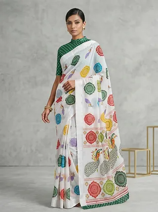 Rajwadi Style White Georgette Saree with Peacock Border