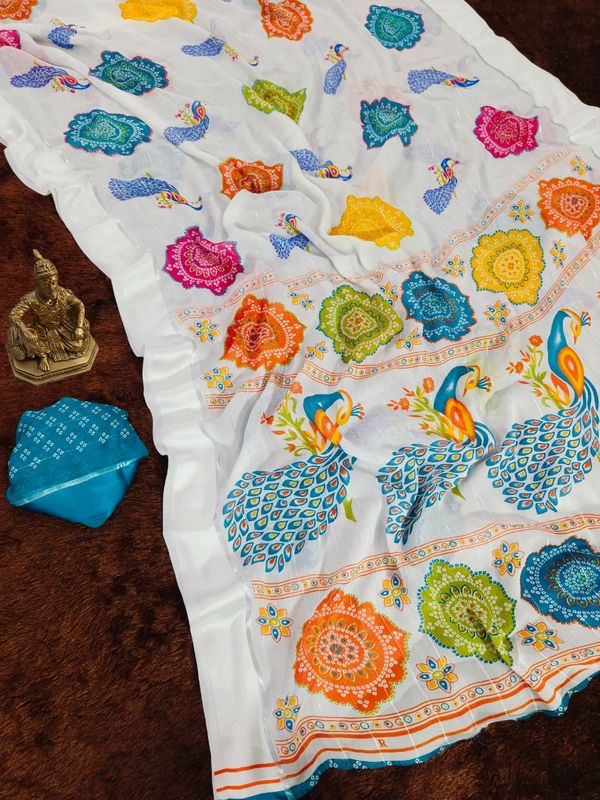 White Rajwadi Mor Saree with Teal Peacock Border