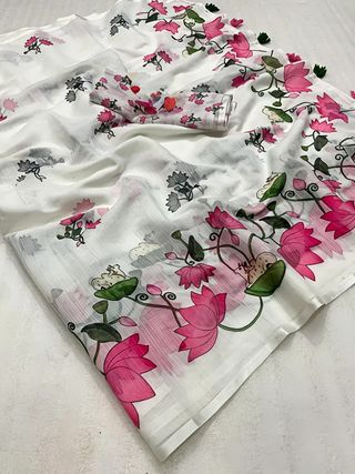 Royal Pichwai White Linen Saree with Lotus Design