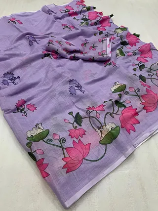 Lavender Pichwai Print Linen Saree with Tassels