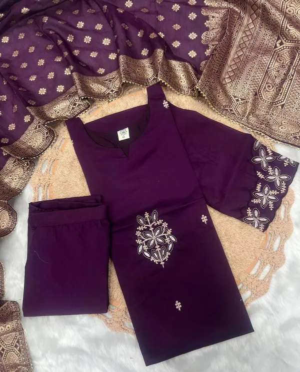 Purple Embroidered Kurta Pant Dupatta Set Online