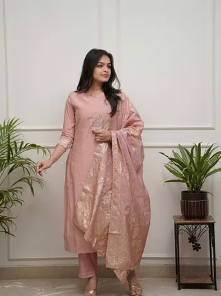 Pink Embroidered Chanderi Kurta Set with Dupatta