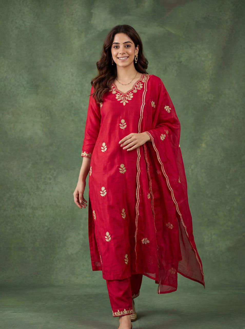 Embroidered red cotton salwar suit