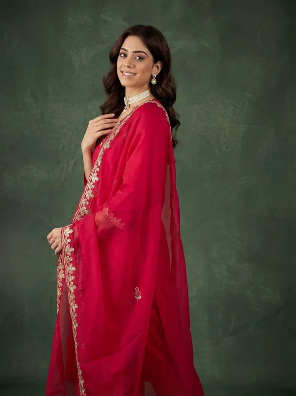 Red Cotton Embroidered Kurta Pant Dupatta Set Women