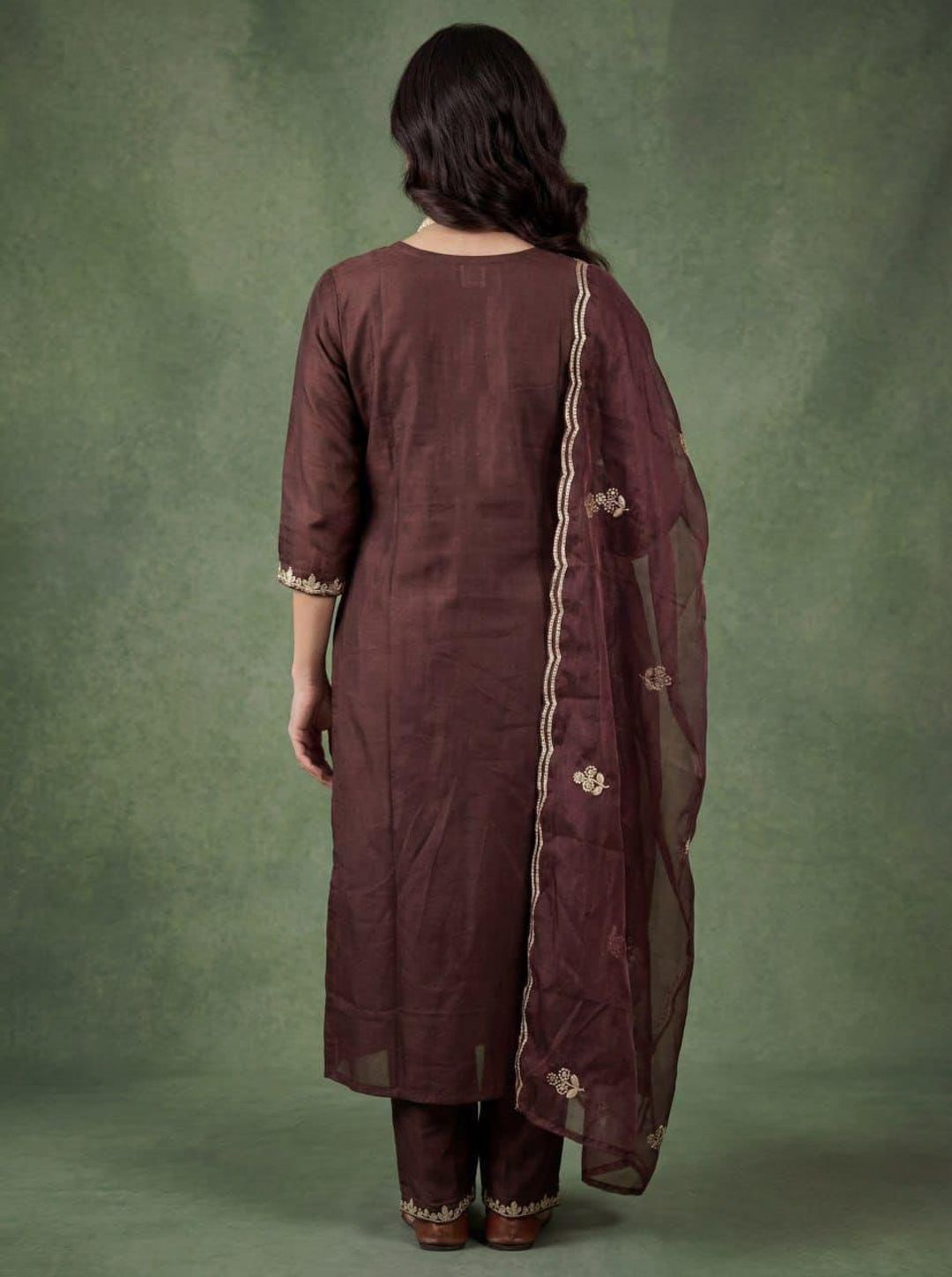 Brown Embroidered Cotton Kurta Pant Dupatta Set Women