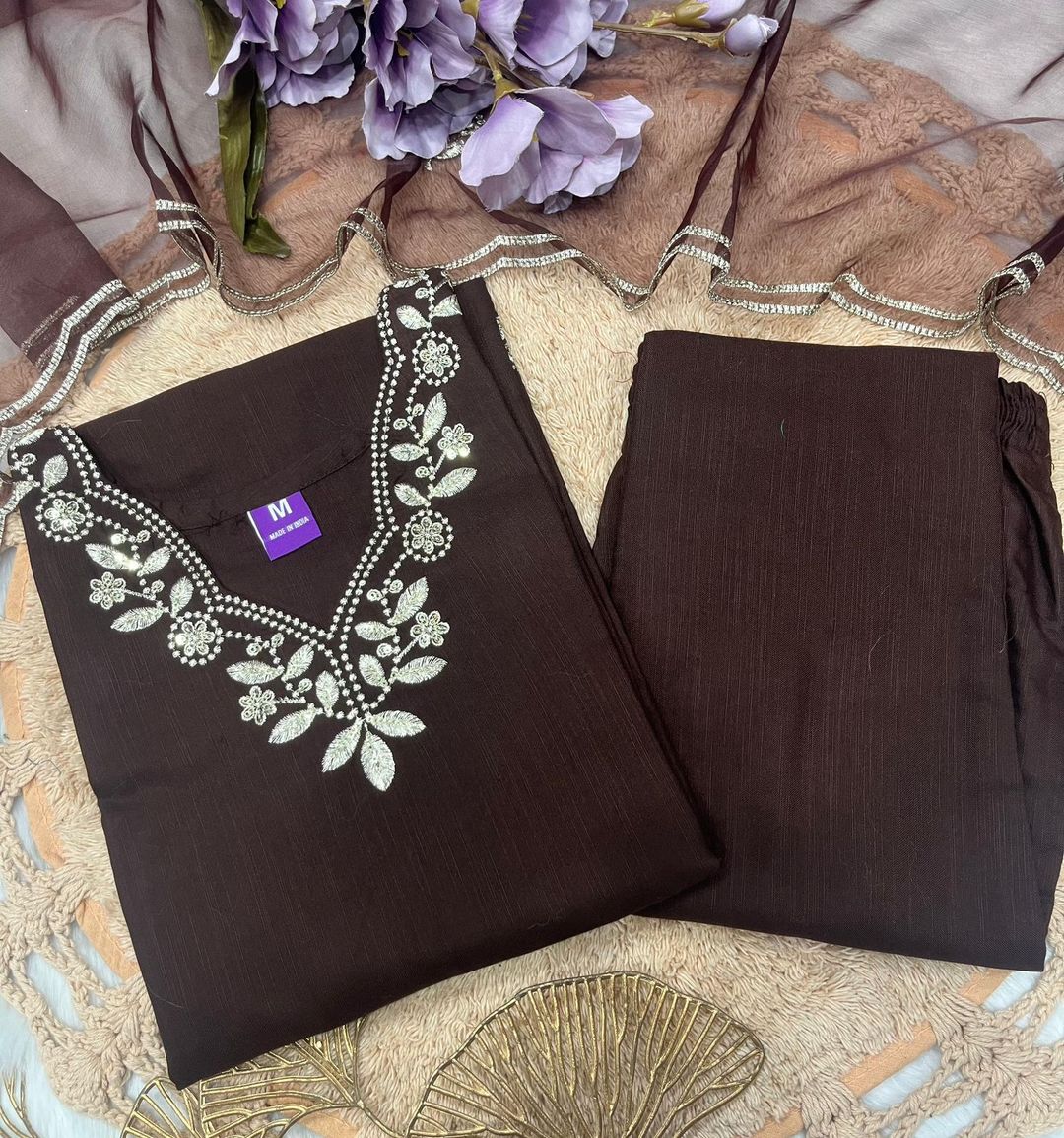 Brown Embroidered Cotton Kurta Pant Dupatta Set Women