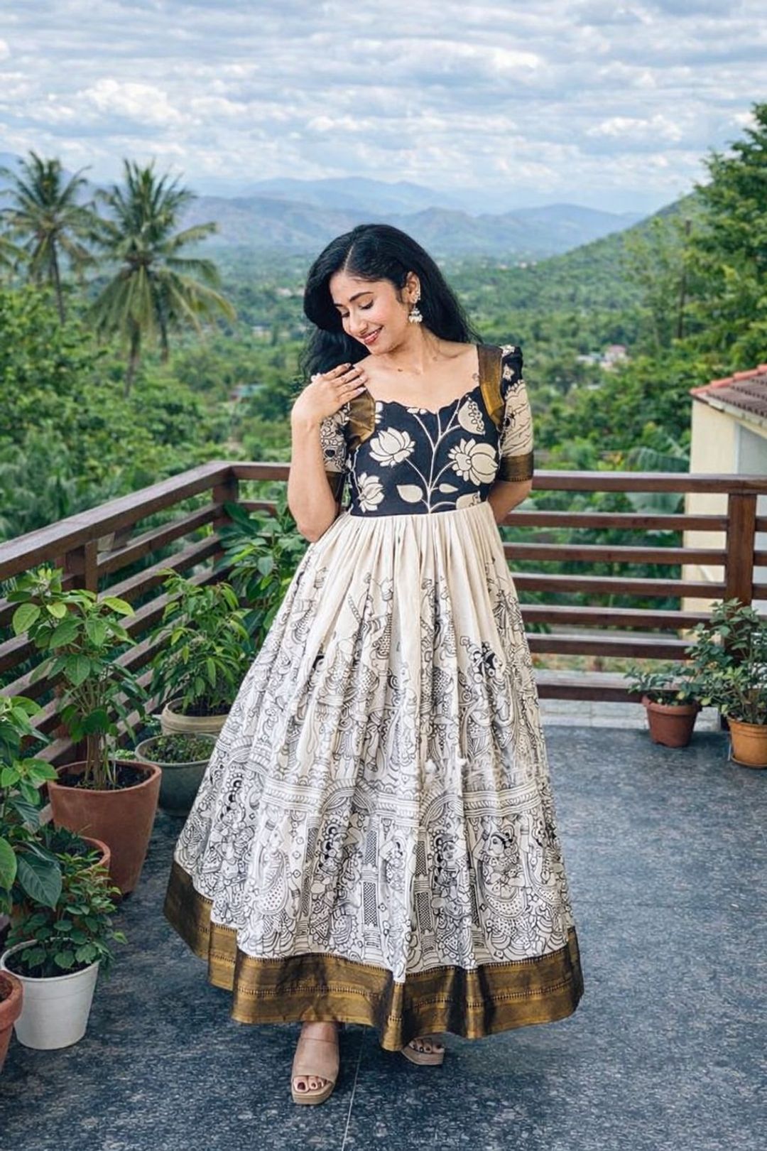 Cream Printed Anarkali Gown with Ethnic Motif Design
