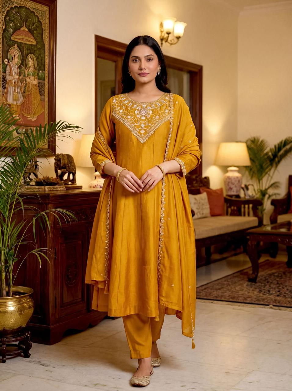 Embroidered red silk salwar suit for festival