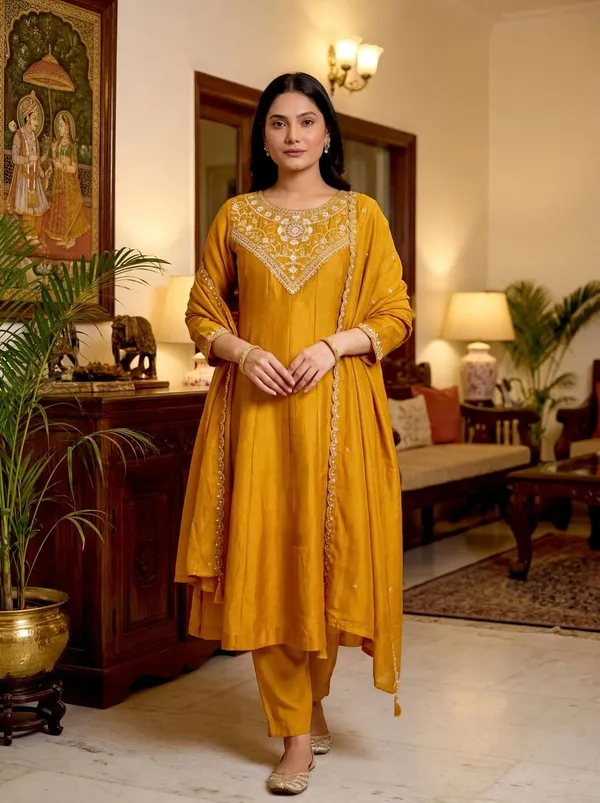 Mustard Silk Embroidered Kurti Palazzo Dupatta Set