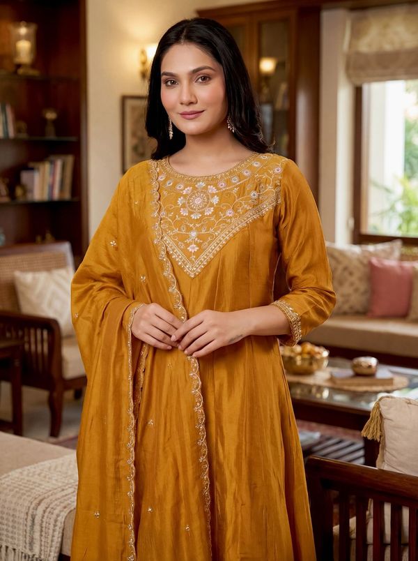 Mustard Silk Embroidered Kurti Palazzo Dupatta Set