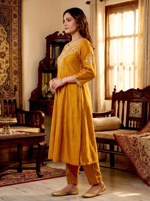 Mustard Silk Embroidered Kurti Palazzo Dupatta Set