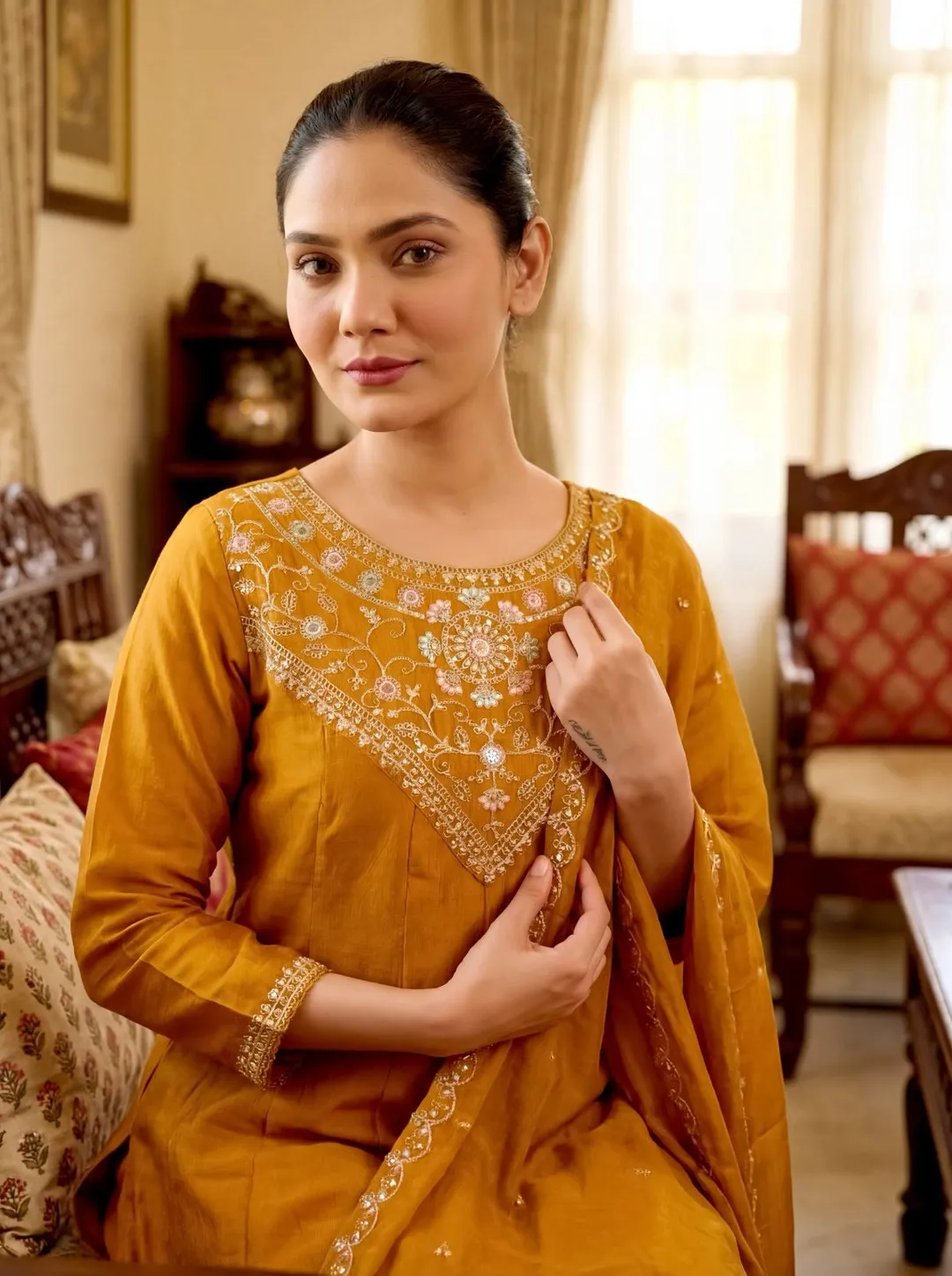 Mustard Silk Embroidered Kurti Palazzo Dupatta Set