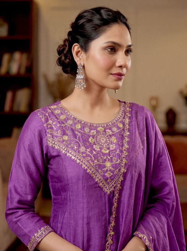 Purple Silk Embroidered Kurti Palazzo Dupatta Set